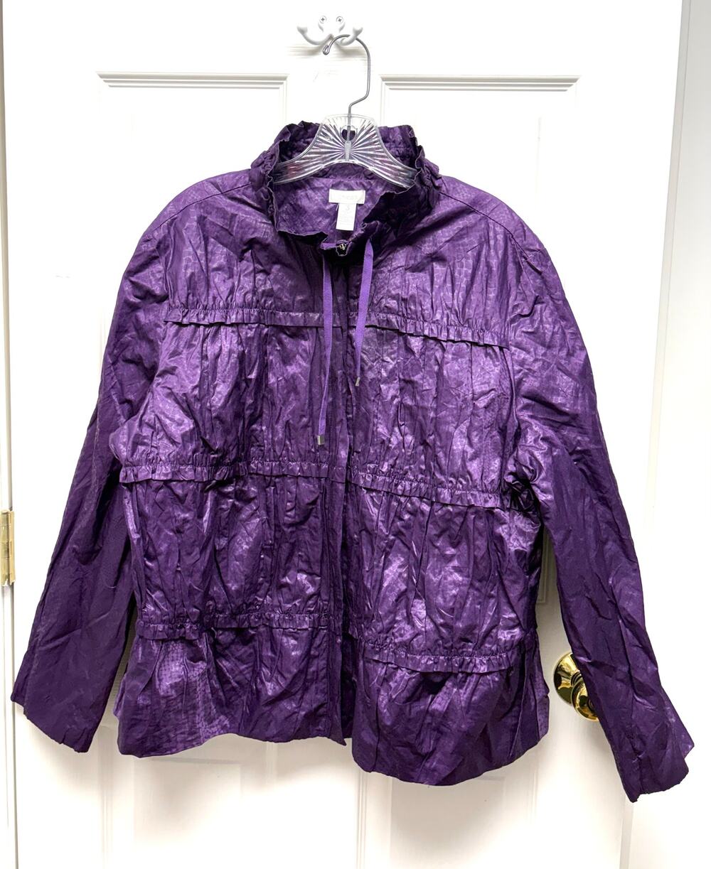 Chico’s Jacket Purple Tiered Lightweight Metallic Ruffle Collar Women’s Size XL